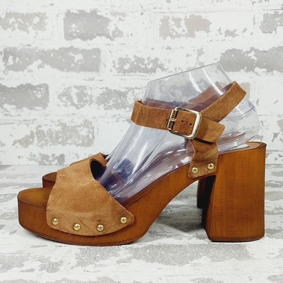 NEW Steve Madden Alabama Platform Brown Suede Wooden Studded Sandals F354 - Picture 1 of 12